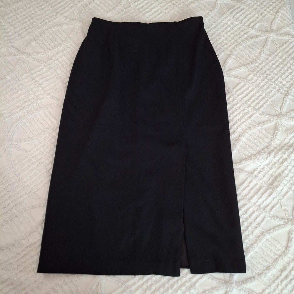 Vintage Joan Leslie Women 16W Midi Skirt Black Wool Blend Front Slit Lined